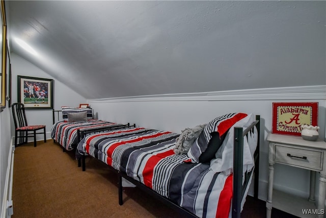 bedroom featuring carpet floors and vaulted ceiling