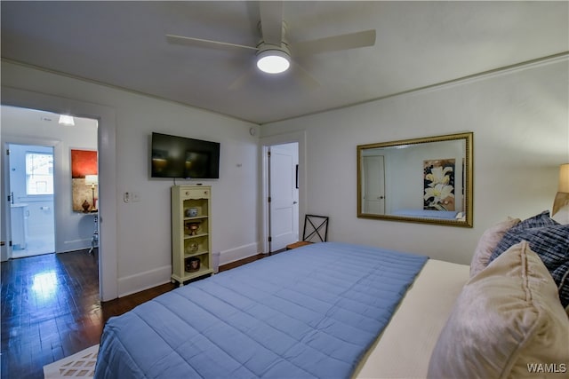 bedroom featuring ceiling fan and dark hardwood / wood-style floors