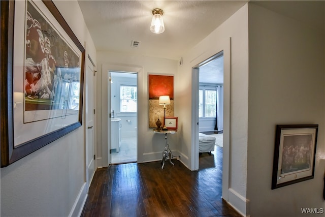 hall with plenty of natural light and dark hardwood / wood-style floors