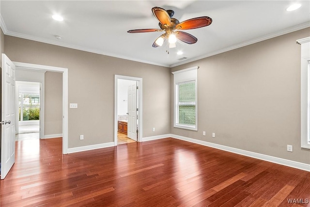 unfurnished bedroom with ceiling fan, crown molding, and light hardwood / wood-style floors