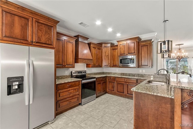 kitchen with custom exhaust hood, sink, hanging light fixtures, stainless steel appliances, and a chandelier