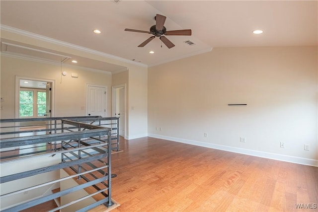 890 Founders St, Tuscaloosa, AL 35406 - empty room with attic access, wood finished floors, ceiling fan, ornamental molding, and recessed lighting