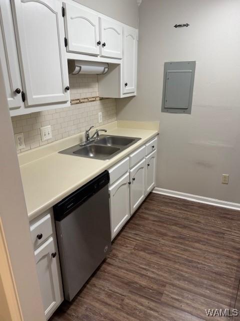1813 Hackberry Ln Unit 10, Tuscaloosa, AL 35401 - kitchen with stainless steel dishwasher, white cabinets, dark wood finished floors, and tasteful backsplash
