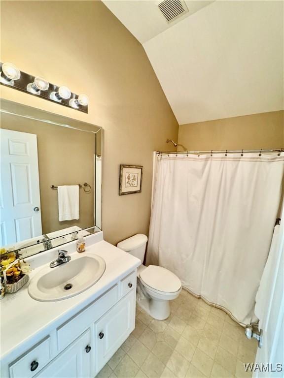 bathroom featuring toilet, vanity, and lofted ceiling