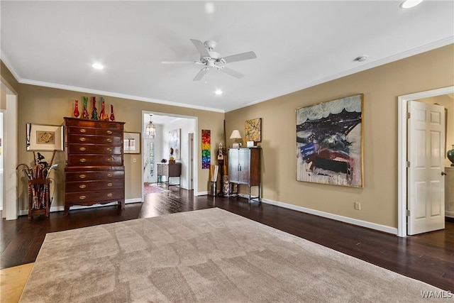 unfurnished bedroom with ornamental molding, recessed lighting, wood finished floors, and baseboards