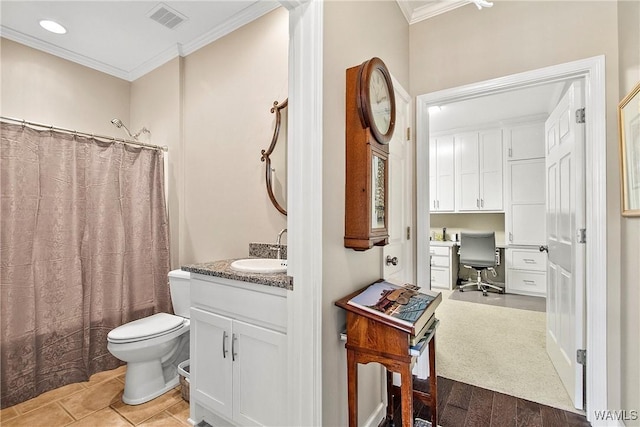 bathroom featuring visible vents, toilet, ornamental molding, vanity, and a shower with curtain