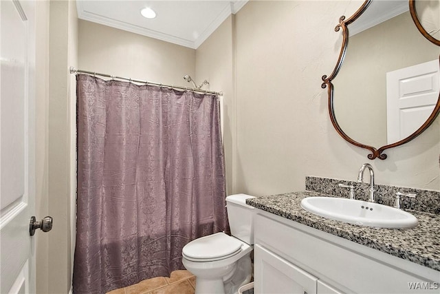 bathroom featuring curtained shower, toilet, ornamental molding, vanity, and tile patterned flooring