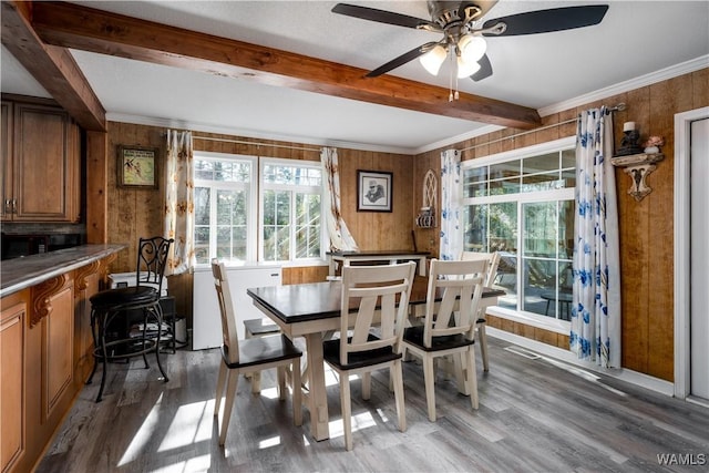 dining area with dark hardwood / wood-style floors, wood walls, beam ceiling, crown molding, and ceiling fan