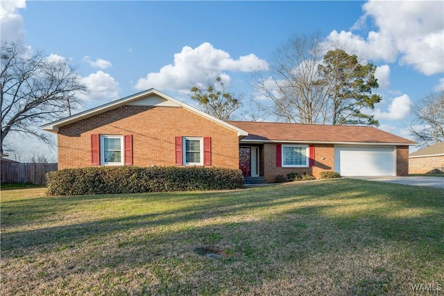 ranch-style house with a garage, a front yard, brick siding, and fence