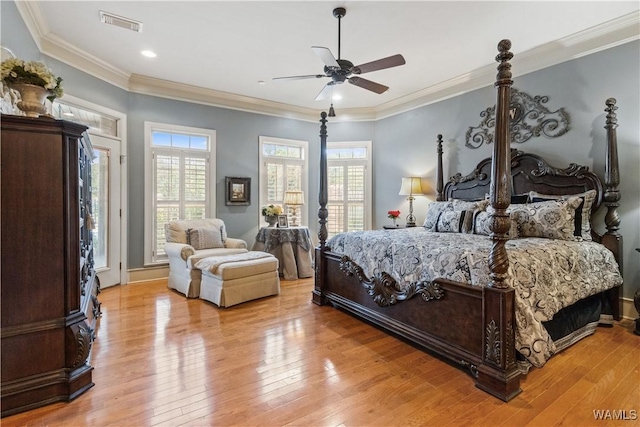 3610 Harbor Ridge Way, Tuscaloosa, AL 35406 - bedroom featuring light wood-style flooring, ornamental molding, ceiling fan, and recessed lighting