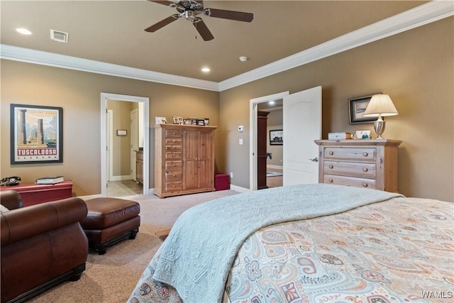 3610 Harbor Ridge Way, Tuscaloosa, AL 35406 - bedroom with ornamental molding, light carpet, baseboards, recessed lighting, and ensuite bathroom