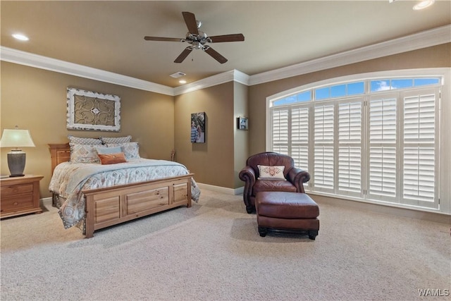 3610 Harbor Ridge Way, Tuscaloosa, AL 35406 - bedroom with carpet, crown molding, recessed lighting, baseboards, and ceiling fan