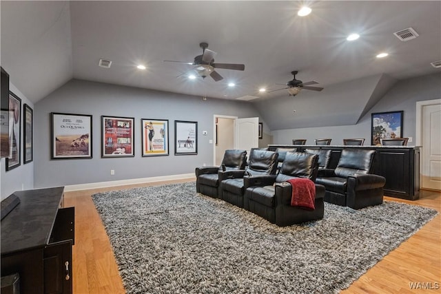 3610 Harbor Ridge Way, Tuscaloosa, AL 35406 - home theater with vaulted ceiling, a ceiling fan, wood finished floors, recessed lighting, and baseboards