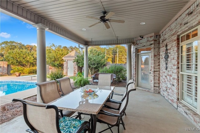 3610 Harbor Ridge Way, Tuscaloosa, AL 35406 - view of patio with ceiling fan, outdoor dining area, an outbuilding, fence, and a shed