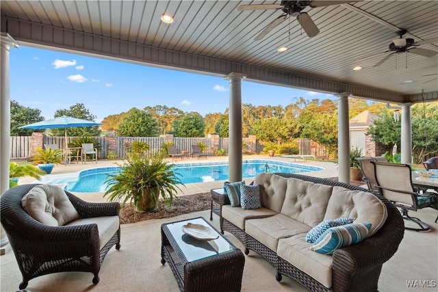 3610 Harbor Ridge Way, Tuscaloosa, AL 35406 - view of patio / terrace featuring outdoor lounge area, a ceiling fan, a fenced backyard, and outdoor dining space