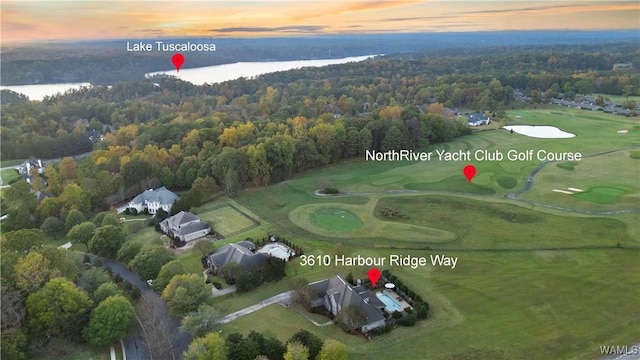 3610 Harbor Ridge Way, Tuscaloosa, AL 35406 - aerial view at dusk of golf course view, a water view, and a wooded view