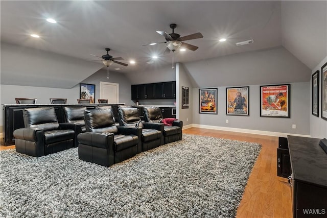 3610 Harbor Ridge Way, Tuscaloosa, AL 35406 - cinema room with vaulted ceiling, ceiling fan, light wood-style flooring, baseboards, and recessed lighting