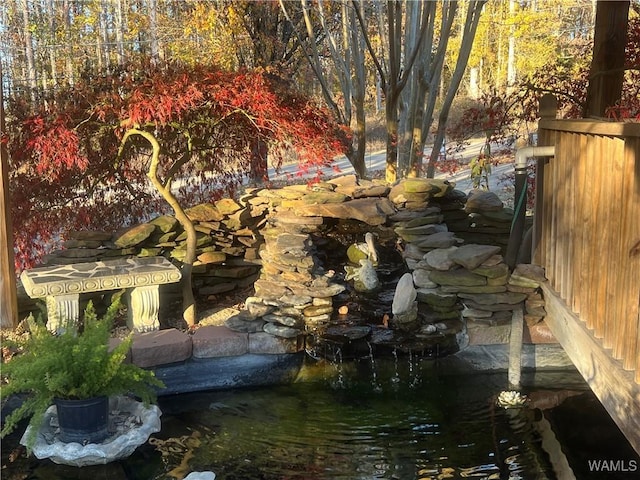 view of yard featuring a small pond