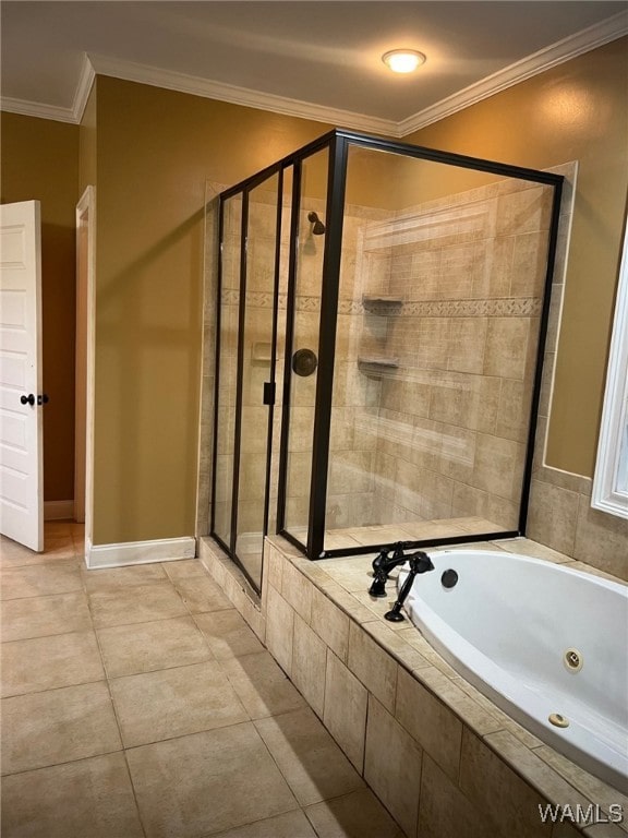 bathroom featuring tile patterned flooring, shower with separate bathtub, and crown molding