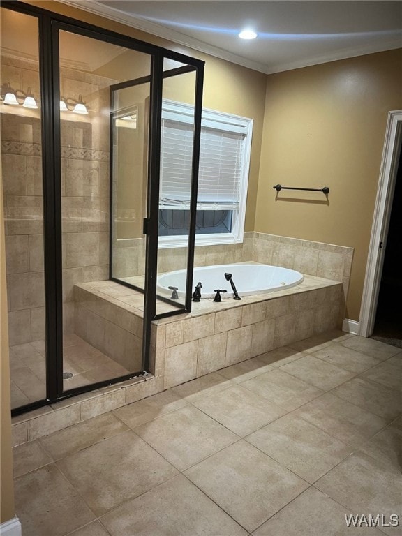 bathroom featuring tile patterned floors, ornamental molding, and plus walk in shower