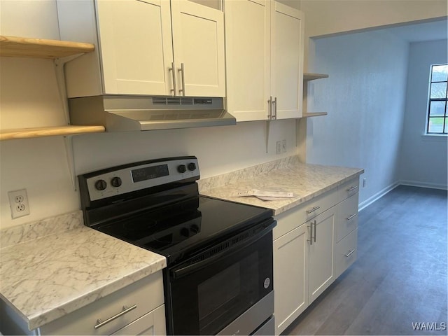 kitchen featuring open shelves, white cabinets, stainless steel electric stove, and under cabinet range hood