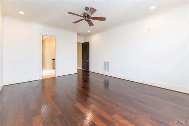 unfurnished room with ceiling fan, crown molding, and dark hardwood / wood-style floors