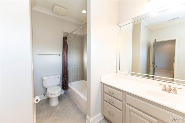 full bathroom with tile patterned floors, vanity, shower / tub combo, toilet, and crown molding