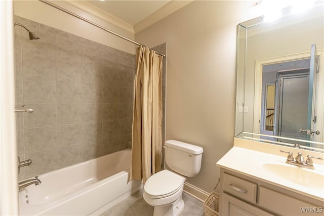 full bathroom featuring tile patterned flooring, vanity, toilet, crown molding, and shower / bath combo