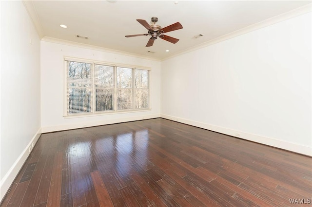 unfurnished room with ceiling fan, crown molding, and dark wood-type flooring