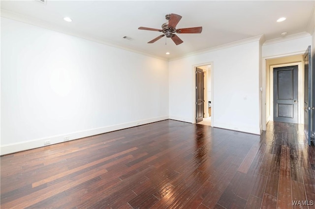 spare room with crown molding, ceiling fan, and dark hardwood / wood-style flooring