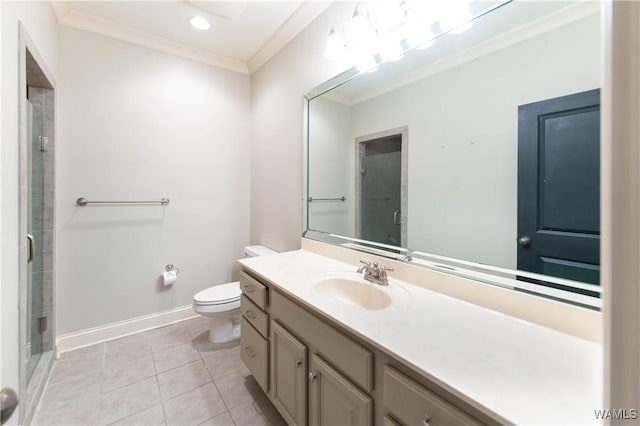 bathroom featuring an enclosed shower, tile patterned floors, ornamental molding, toilet, and vanity