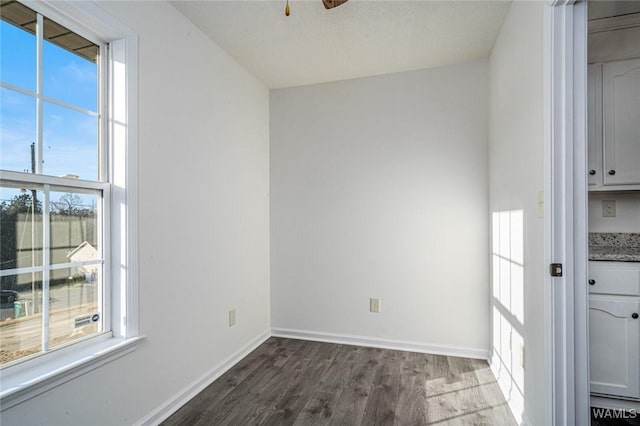 empty room with ceiling fan and dark hardwood / wood-style flooring