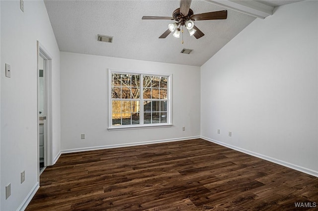 empty room featuring dark wood-type flooring, vaulted ceiling with beams, a textured ceiling, and ceiling fan