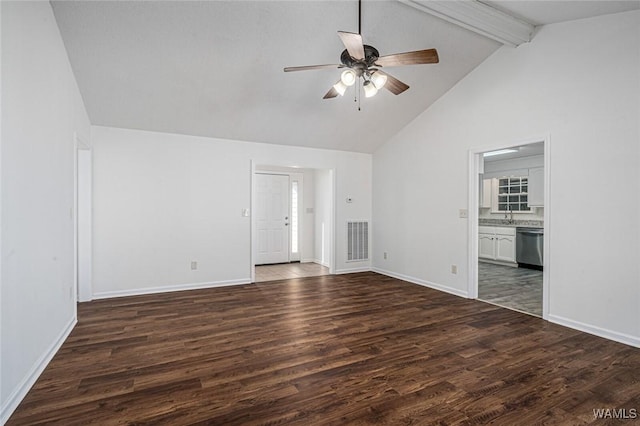 unfurnished living room featuring beamed ceiling, ceiling fan, high vaulted ceiling, and dark wood-type flooring