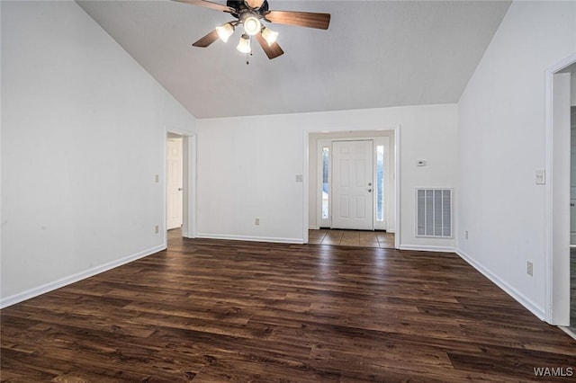 unfurnished living room with vaulted ceiling, dark hardwood / wood-style floors, and ceiling fan