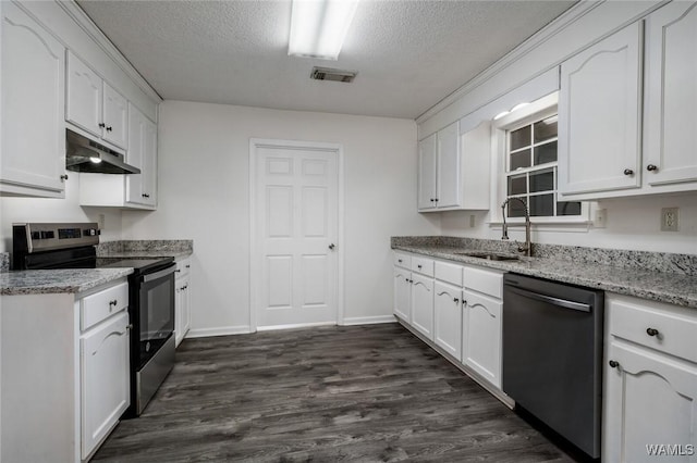 kitchen with stainless steel range with electric stovetop, dishwasher, sink, and white cabinets