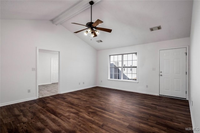 spare room featuring dark hardwood / wood-style flooring, lofted ceiling with beams, and ceiling fan