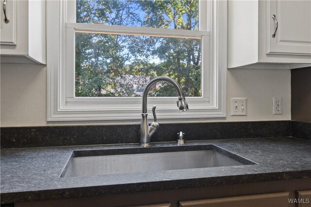 details featuring dark countertops, white cabinets, and a sink