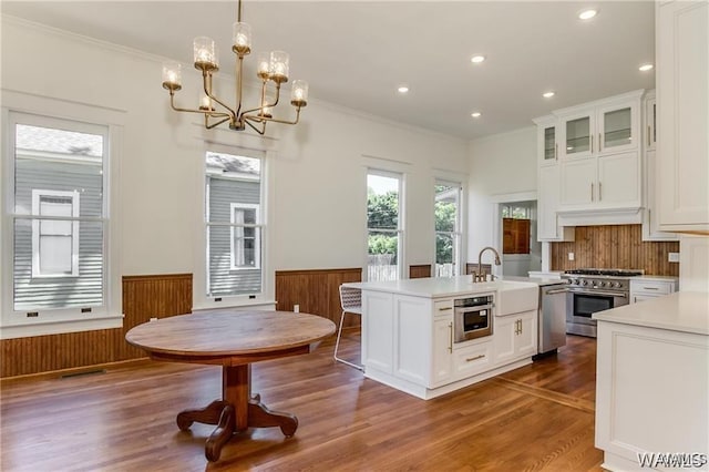 kitchen with pendant lighting, a kitchen island with sink, dark wood-type flooring, sink, and appliances with stainless steel finishes