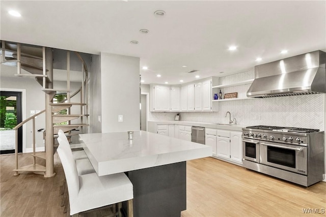 kitchen with backsplash, white cabinetry, range with two ovens, and wall chimney range hood