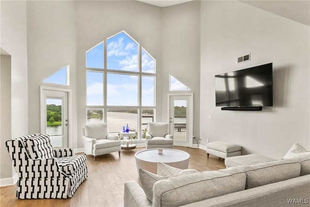 living room with a towering ceiling, hardwood / wood-style flooring, and a wealth of natural light