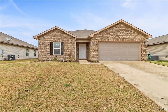 ranch-style home featuring a front lawn, concrete driveway, an attached garage, and central air condition unit