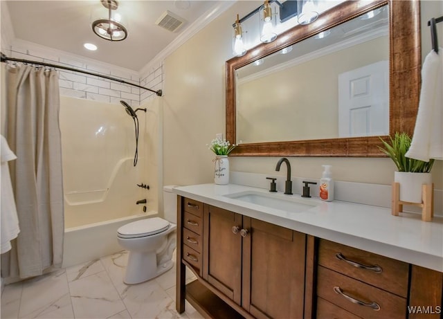 full bathroom with toilet, vanity, visible vents, marble finish floor, and crown molding