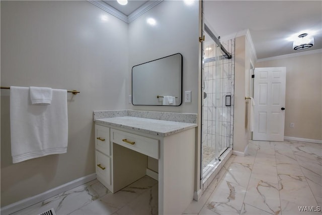 full bath featuring marble finish floor, ornamental molding, a stall shower, and vanity