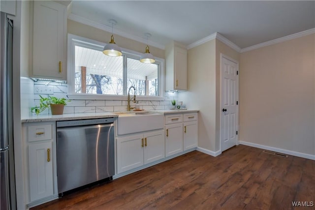 kitchen with dark wood-style flooring, backsplash, stainless steel dishwasher, a sink, and baseboards