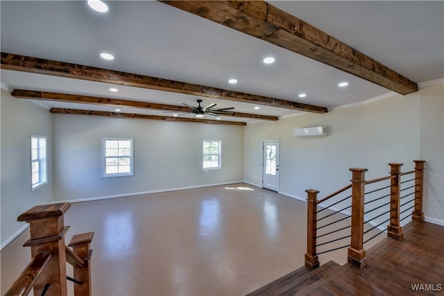 interior space with recessed lighting, baseboards, beamed ceiling, and a wall mounted air conditioner