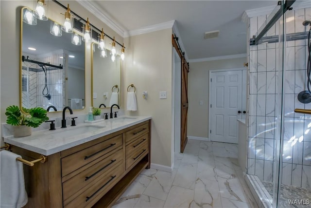 full bathroom featuring marble finish floor, ornamental molding, a sink, and visible vents