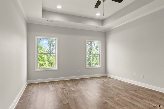 empty room with hardwood / wood-style floors, a raised ceiling, crown molding, and a wealth of natural light