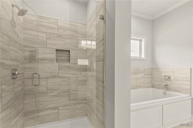 bathroom featuring independent shower and bath and crown molding