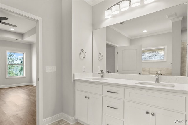 bathroom featuring wood-type flooring, vanity, ceiling fan, and ornamental molding